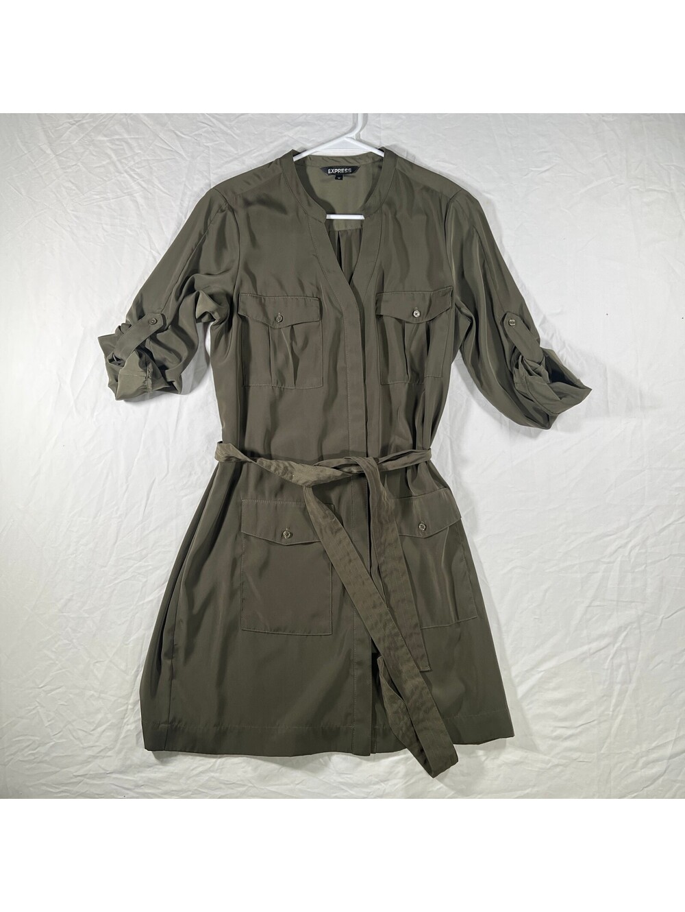 Express Olive Green Utility Shirt Dress Size M Belted Roll Tab Sleeve Pockets
